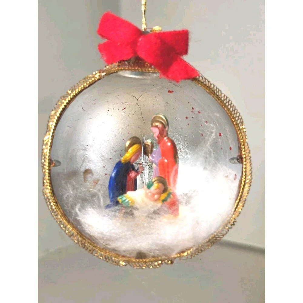 Rare Vintage Red Jewel Brite Jesus Mary Joseph Plastic Christmas Ornament